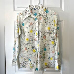 1970’s Vintage Pink, Blue, Yellow Floral Button-Up Blouse.